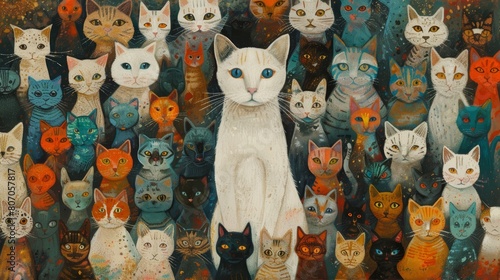 Engaging portrait of a white cat standing proud amidst a sea of diversity, showcasing the strength found in uniqueness and leadership photo