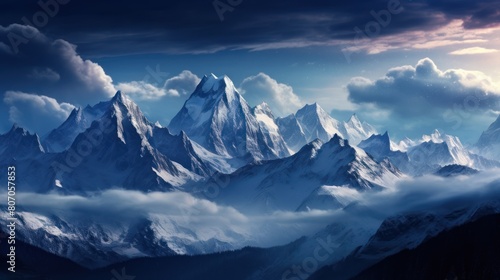 landscape depicting a majestic mountain range enveloped in a blanket of snow  