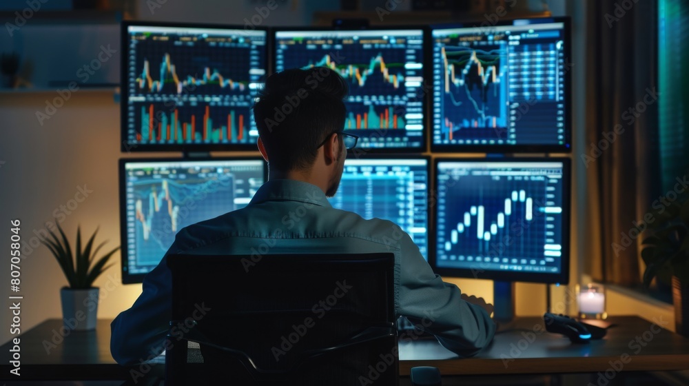 A businessman analyzing gold market data on a desktop computer with multiple monitors displaying charts and graphs, symbolizing investment expertise. A businessman analyzing gold market data on a desktop computer with multiple monitors displaying charts and graphs, symbolizing investment expertise.