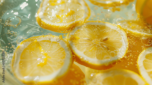 Background with ripe lemon slices in water or lemonade. Refreshing summer beverage