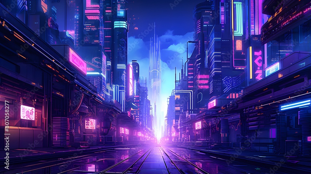 Futuristic city at night, 3d rendering illustration. Computer digital drawing.