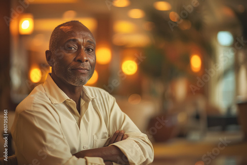 Mature African American man in hotel lobby, guest admiring interior decor, person enjoying ambiance of upscale establishment.