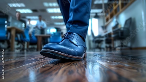 Closeup of manager in formal business shoe walking on wooden office floor. Concept Business Attire, Formal Footwear, Office Environment, Wooden Floor, Manager Portrait