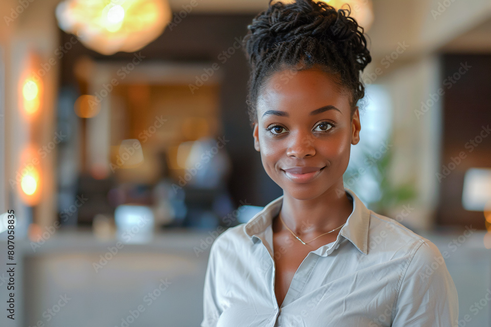 African American woman in hotel lobby, awaiting transportation, business traveler, journey to conference. African American woman in hotel lobby, awaiting transportation, business traveler, journey to conference.