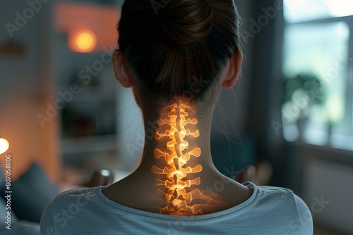 woman with neck pain at home x-ray photo