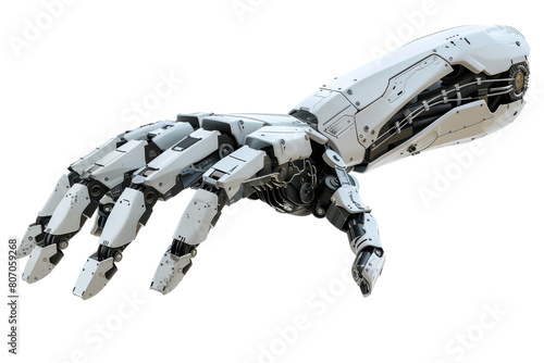 A robotic hand with a metallic look, science fiction, isolate on white background.