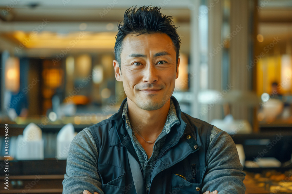 Fototapeta premium asian man in hotel lobby, traveler seeks information at guest services, planning vacation