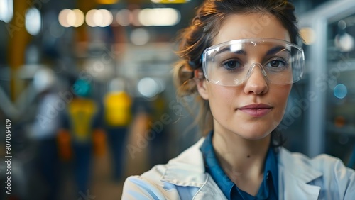 Female mechanical engineer in industrial setting with workers wearing safety glasses. Concept Mechanical Engineering, Industrial Setting, Safety Glasses, Female Worker, Photoshoot