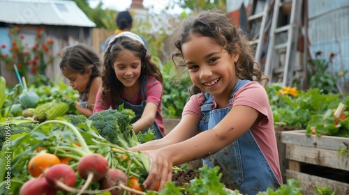 Children Engaged in Community Gardening.group of children gleefully engages in community gardening, their hands busy harvesting fresh vegetables. The vibrant, green setting bursts with energy and yout