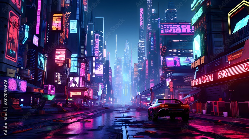 Night cityscape with neon lights. New York, United States.