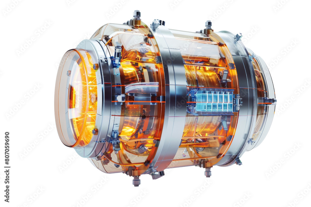 Obraz premium A large, orange, and shiny object with a clear glass shell, science fiction, isolate on white background.