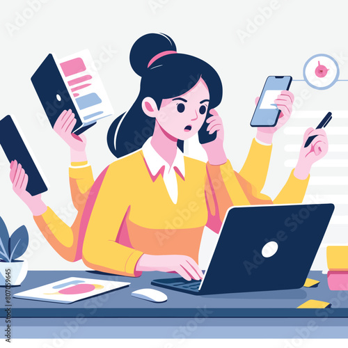 illustration of a busy business woman multitasking