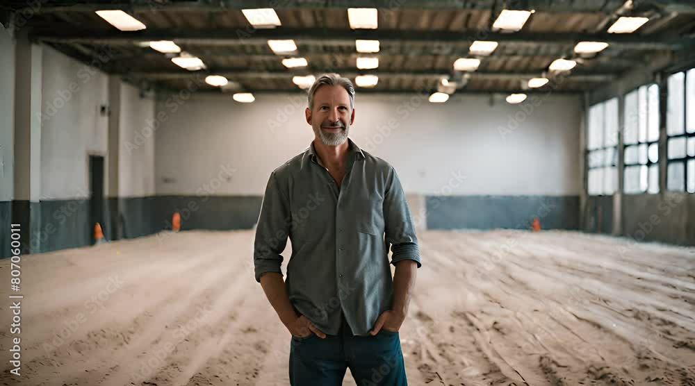 Estrichleger steht vor frisch verlegtem Estrich und ist Stolz auf seine Arbeit