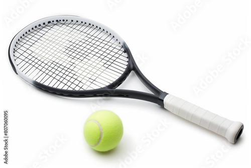 A high angle view of a black and white tennis racket with a yellow tennis ball isolated on a white background © cherezoff
