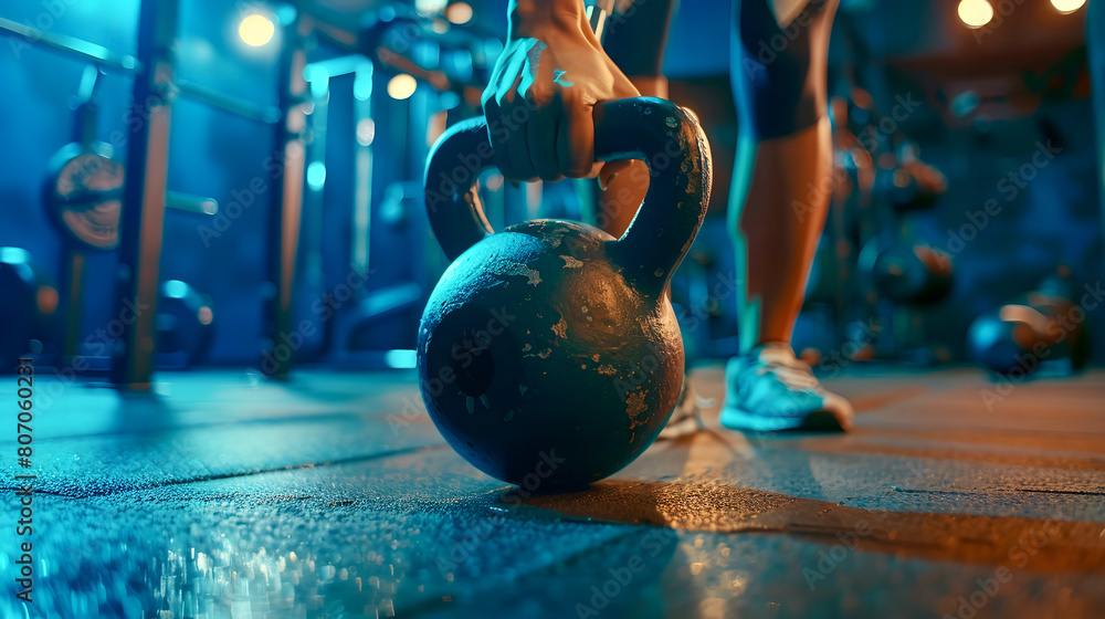 Fototapeta premium A man lifts a kettlebell in a gym