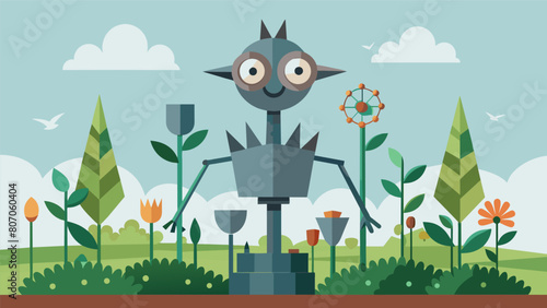 A whimsical garden sculpture made from recycled metal scraps adding a unique and eyecatching feature to a garden.. Vector illustration