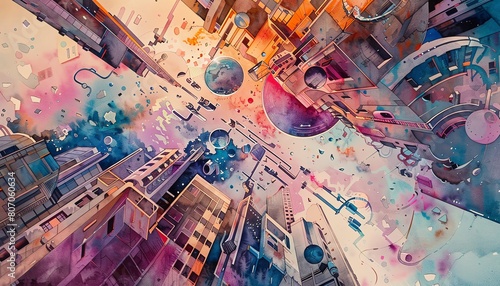 Craft an intricate watercolor painting portraying the intricate details of futuristic technologies intertwined with gritty street art  using a unique birds eye view perspective to convey the contrast