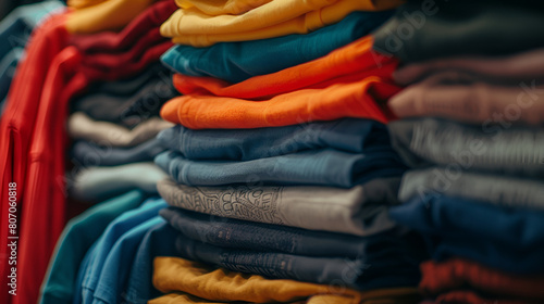 A close-up view of a neatly stacked pile of various colors of clothes, generative Ai