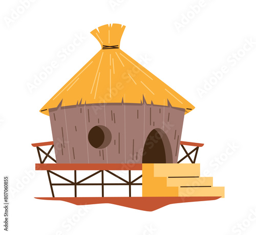 Vector illustration of a hut with a thatched roof on stilts.