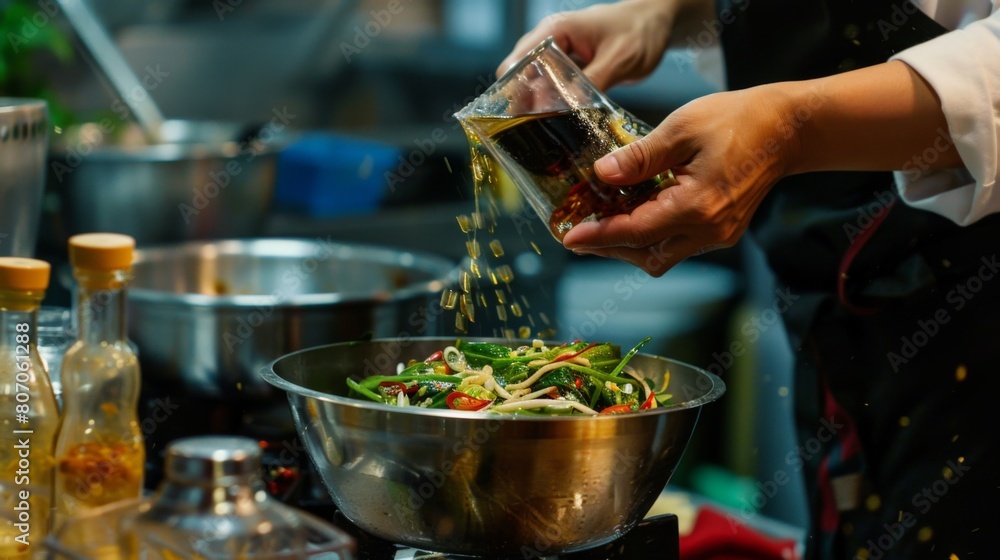 A chef adding fish sauce to som tam salad dressing, infusing the dish with savory umami flavor and completing the authentic Thai taste profile.