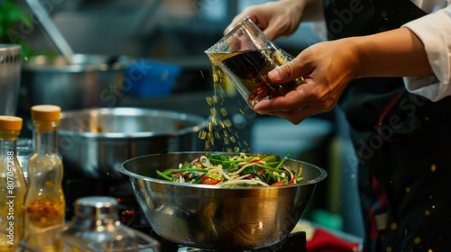 A chef adding fish sauce to som tam salad dressing, infusing the dish with savory umami flavor and completing the authentic Thai taste profile.