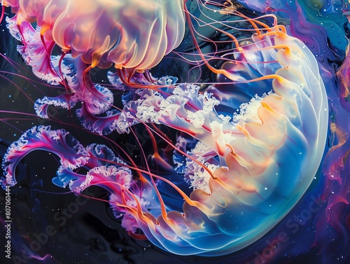 Explore the depths of creativity by depicting an abstract macro scene of translucent jellyfish gracefully dancing in crystal-clear waters  capturing their iridescent glow and intricate patterns with p