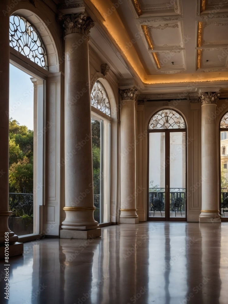 Immerse yourself in the classical beauty of a room with grand columns and a panoramic window, creating a sense of openness and architectural splendor.