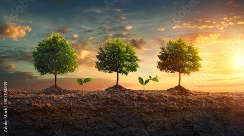 Illustration Depicting The Growth Of A Tree In Three Steps With Beautiful Morning Lighting  Background HD For Designer        
