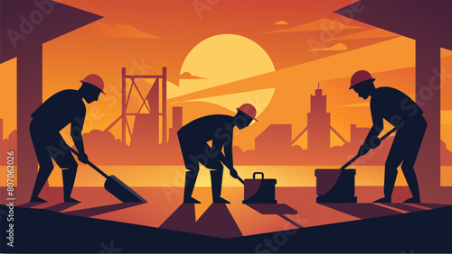 Silhouettes of workers pouring cement into the foundation of a building at sunset the orange glow casting long shadows on the ground.. Vector illustration