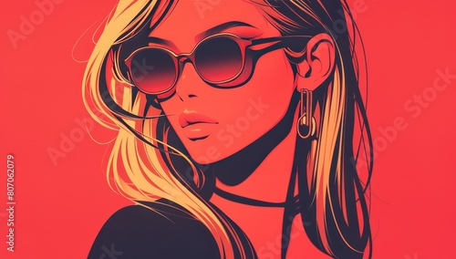 A beautiful woman with sunglasses in the style of pop art. An illustration with bold lines and colors influenced by pop culture.