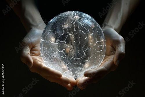 Human hands holding transparent, glowing orb representing an AI brain