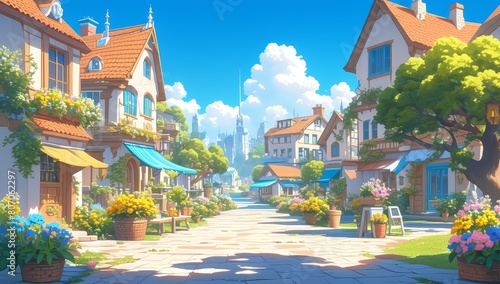 A cartoon illustration of an empty street with houses on the sides on a sunny day