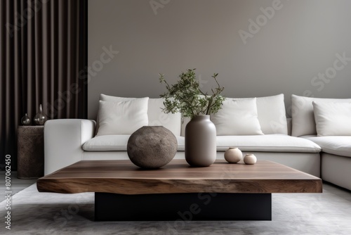 Interior of living room with wooden coffee table near sofa