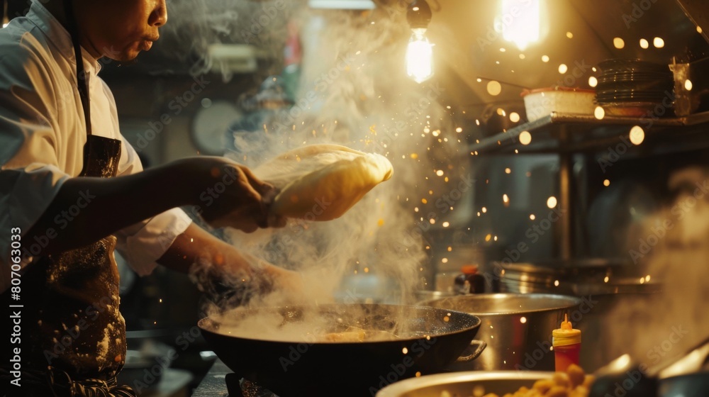 Naklejka premium A chef flipping roti dough in the air with skill and precision, demonstrating the technique and flair of Thai street food cooking.