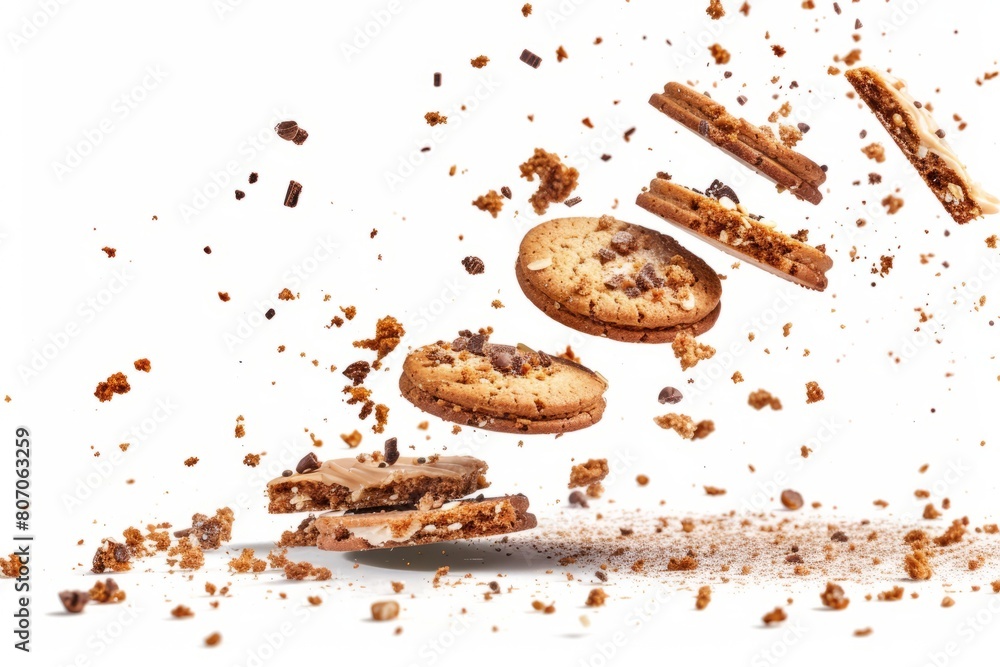 flying Pile cake crumbs cookie isolated on white, clipping path flying Pile cake crumbs cookie isolated on white, clipping path