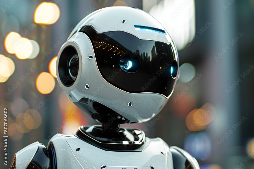 Fototapeta premium cute robot in the city blur background