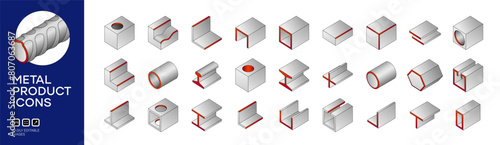 Metal edge processing. Steel products icon set in isometric style. Metal product icons set, steel angle, channel, rail, i beam, steel tube, pipe, rebar. Isometric 3D icons illustration