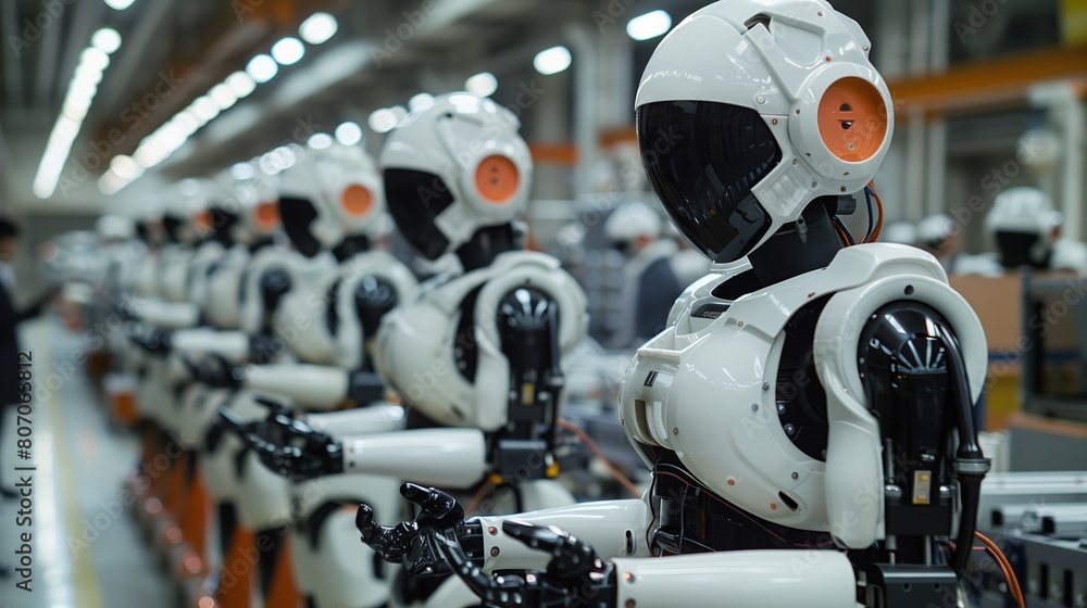 Fototapeta premium Row of advanced robots on an assembly line in an industrial setting