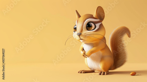 Cute cartoon squirrel in a dynamic pose holding a nut  illustrated over a bright yellow background.
