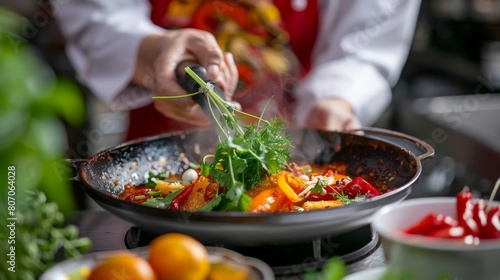 A chef presenting a beautifully garnished hot pot dish, garnished with fresh herbs and spices, appealing to both the eyes and the palate.