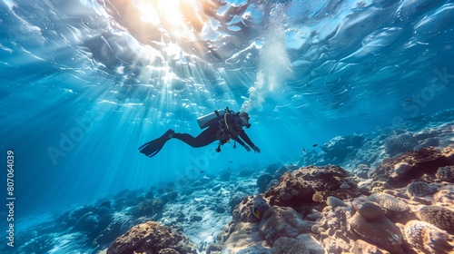 Scuba diver with coral formations in tropical underwater scene photo