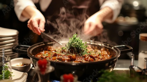 A chef presenting a beautifully garnished hot pot dish, garnished with fresh herbs and spices, appealing to both the eyes and the palate.