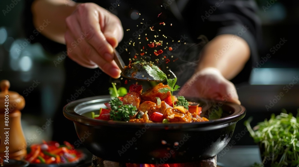 A chef presenting a beautifully garnished hot pot dish, garnished with fresh herbs and spices, appealing to both the eyes and the palate.