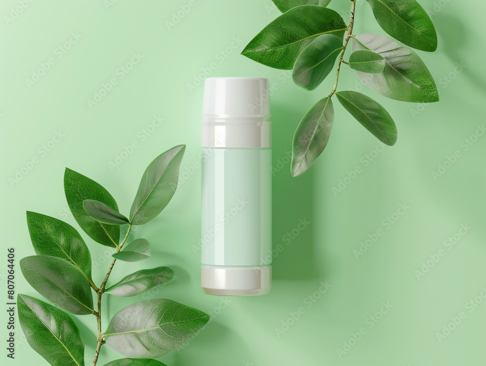 A cosmetic bottle with a blank label with leaf and nature ornaments around it. A cosmetic bottle with a blank label with leaf and nature ornaments around it.