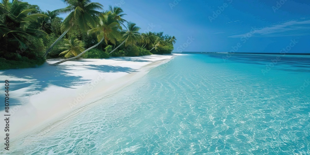 Fototapeta premium White sand with palm trees and emerald sea. A heavenly place to relax. Luxurious tropical landscape. Beautiful exotic summer beach background for design.