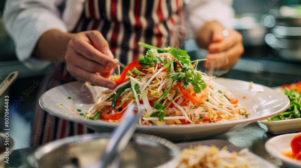 A chef presenting a beautifully plated som tam salad dish, garnished with fresh herbs and served with sticky rice, exemplifying Thai culinary artistry.