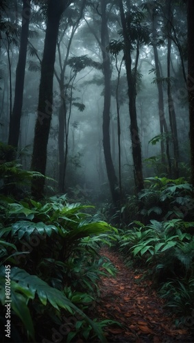 Immerse yourself in the ethereal beauty of a foggy jungle panorama, where the dark forest envelops you in its mysterious embrace, unveiling a lush oasis of natural splendor.