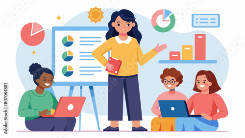A student stands at the front of the room confidently presenting a budgeting plan she learned at the financial literacy workshop to her peers.. Vector illustration