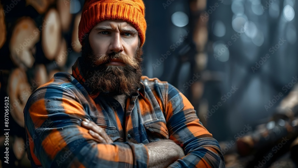 Experience stunning 3D rendering of rugged lumberjack embodying masculinity and power. Concept Lumberjack Photoshoot, Masculine Portraits, Powerful Poses, 3D Rendering, Dramatic Lighting