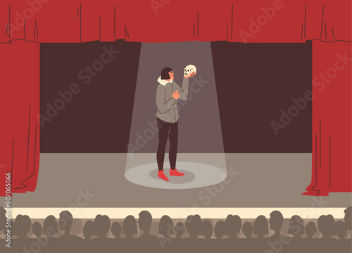 Actor with skull in theatrical soliloquy vector illustration